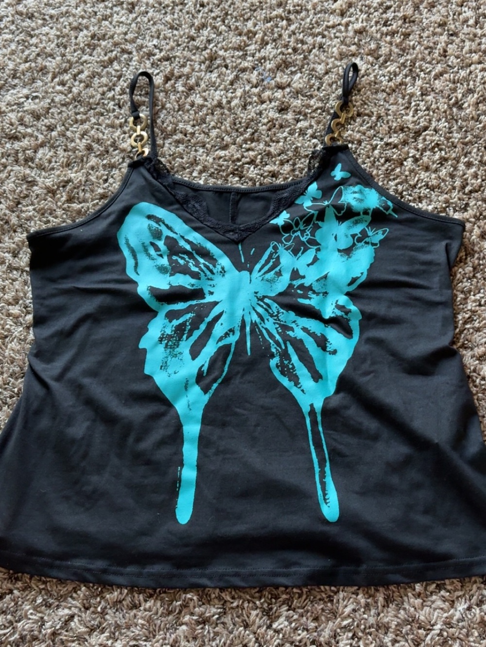 Black Tank Top with Turquoise Butterfly Print